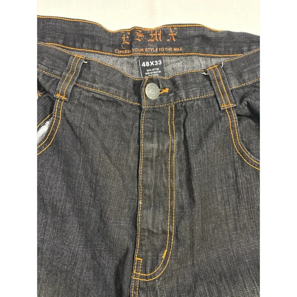 Vintage Y2K ESMX Jeans Mens 48x33 Baggy Wide Leg Embroidered Orange Lion Pocket